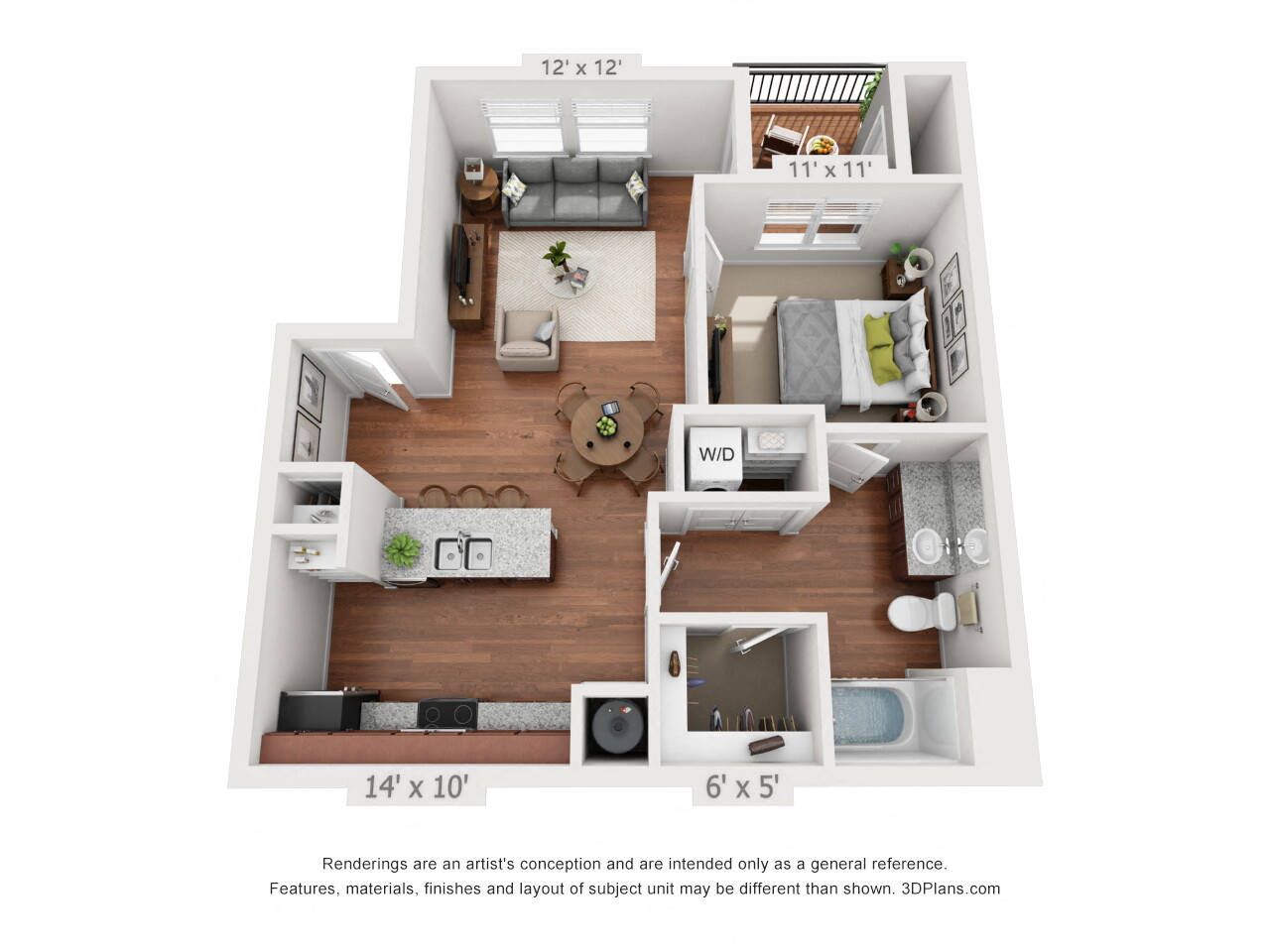 Floor plan for 1 bed, 1 bath, 710 sqft